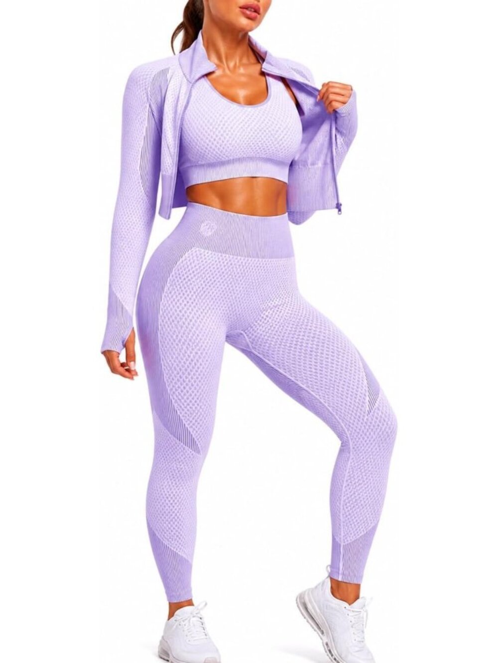 3-Piece Seamless Workout Set for Women - Jacket, Bra & Leggings Gym Outfit